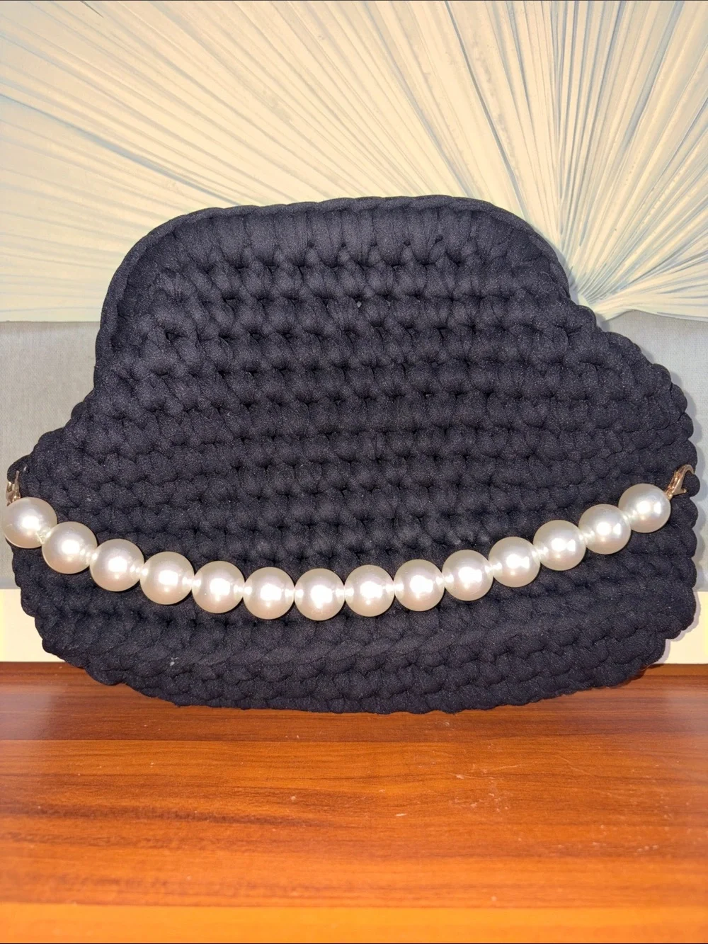 Handmade Black Crochet Clutch with Faux Pearl Handle